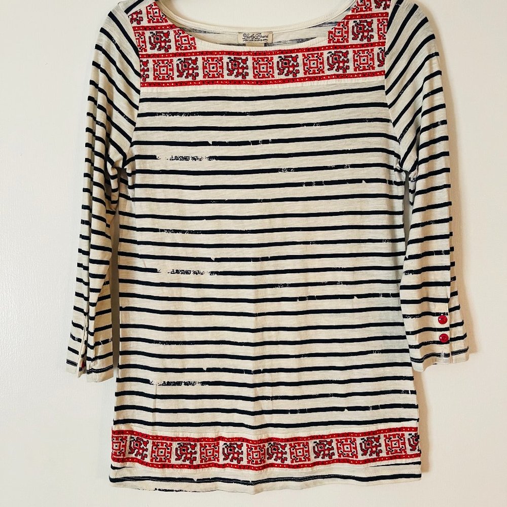 Lucky Brand Red Embroidered Boat Neck Striped Top Size S